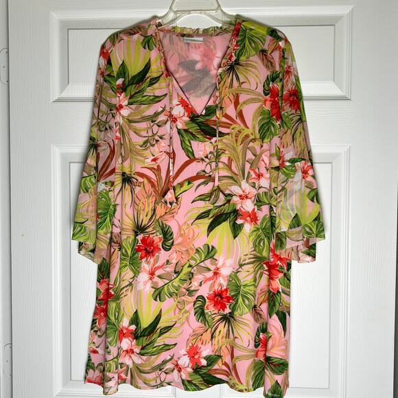 J Jill Hawaiian Tropical Print V-Neck Tunic Dress Women's Size XL Pink /Green - Picture 2 of 7